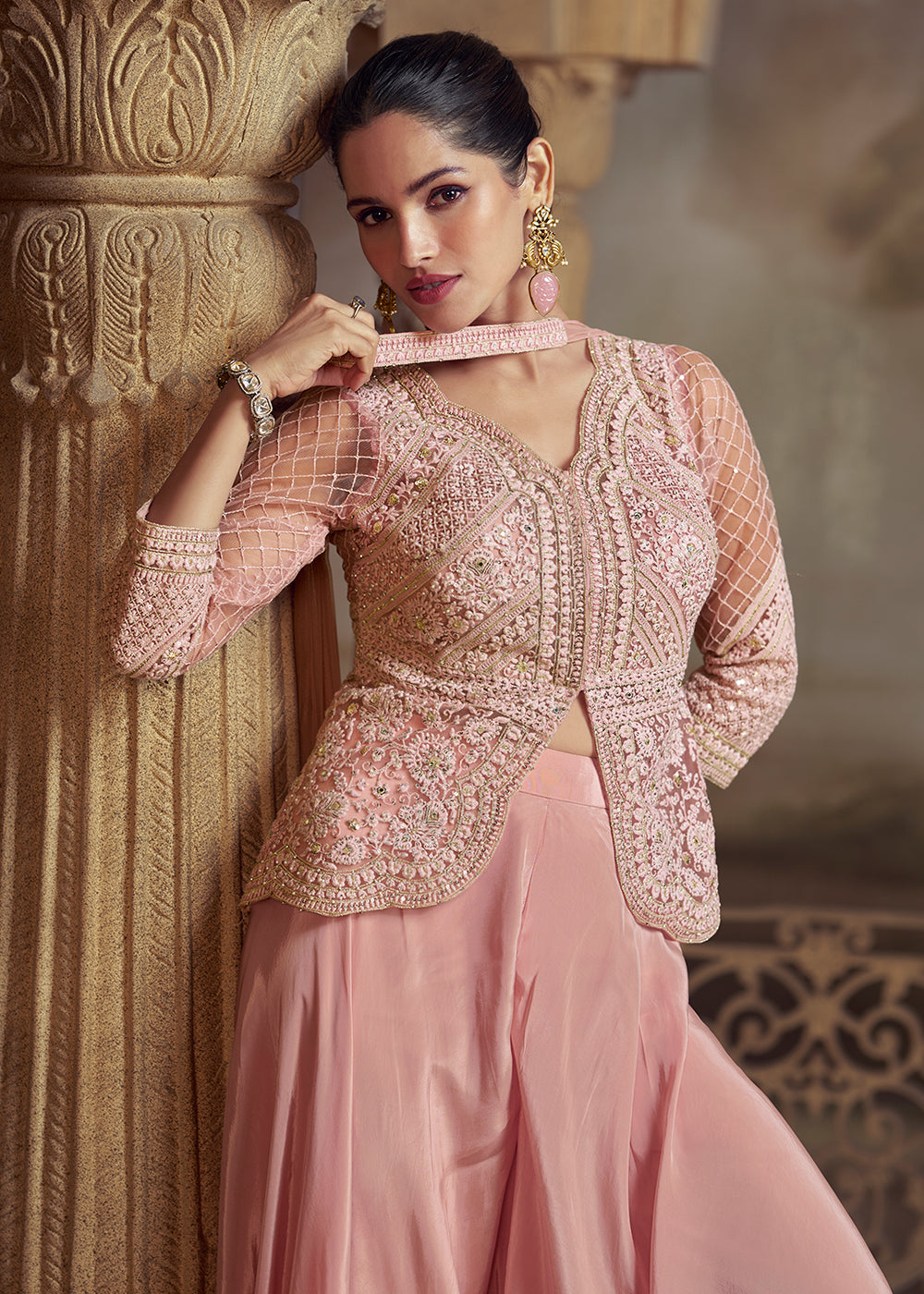Buy Now Pink Shirt Shirt Style Wedding Festive Palazzo Suit Suit Online in US, UK, Canada, Germany, Italy, France, Austria, Denmark, UAE & Worldwide at Empress.