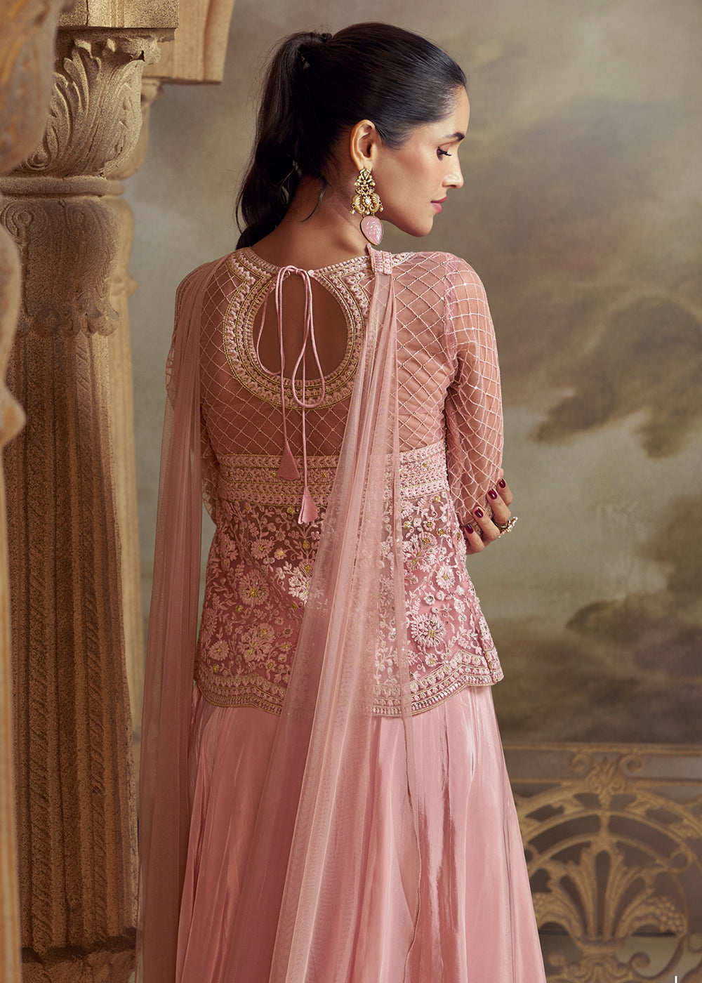 Buy Now Pink Shirt Shirt Style Wedding Festive Palazzo Suit Suit Online in US, UK, Canada, Germany, Italy, France, Austria, Denmark, UAE & Worldwide at Empress.