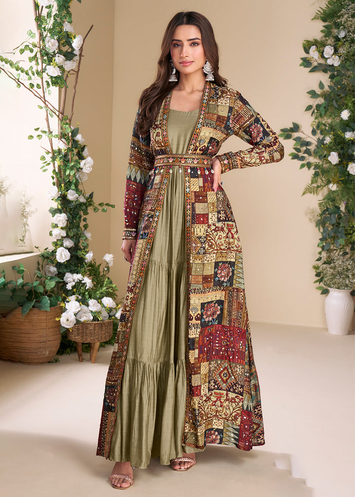 Buy Now Mehndi Green Embroidered Georgette Shrug Style Anarkali Suit Online in USA, UK, Australia, Germany, Canada, Singapore & Worldwide at Empress Clothing.