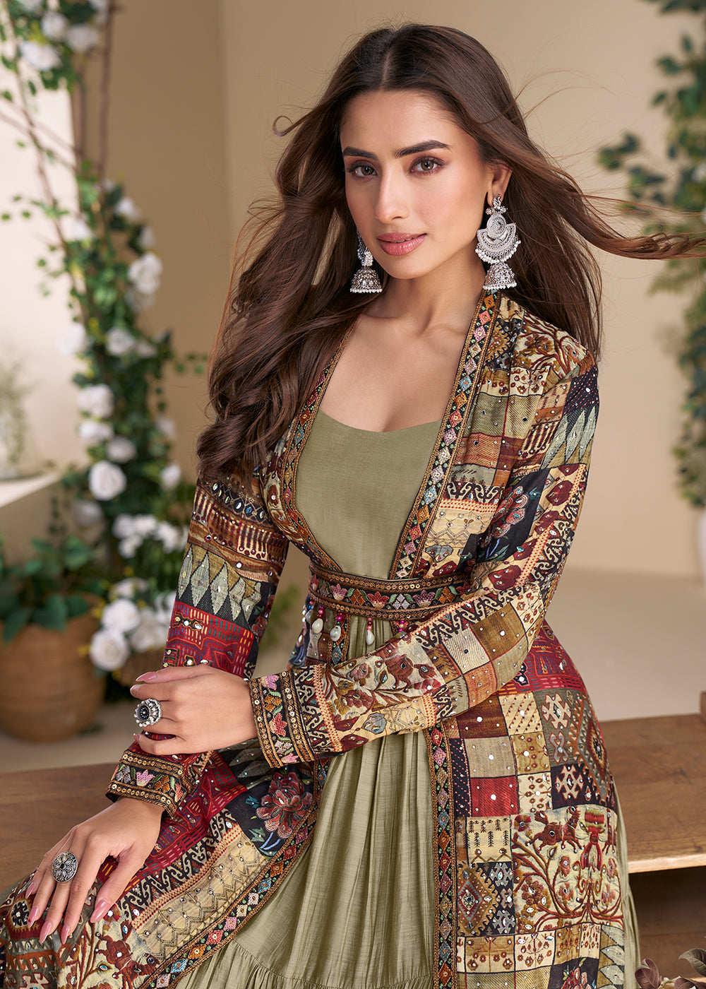 Buy Now Mehndi Green Embroidered Georgette Shrug Style Anarkali Suit Online in USA, UK, Australia, Germany, Canada, Singapore & Worldwide at Empress Clothing.