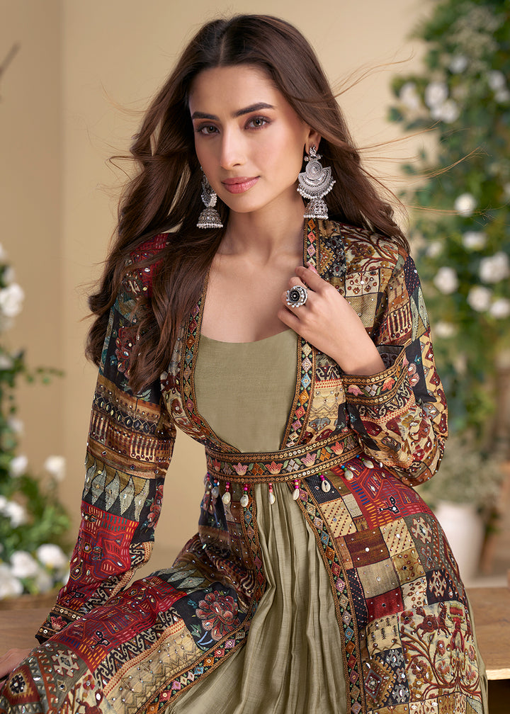 Buy Now Mehndi Green Embroidered Georgette Shrug Style Anarkali Suit Online in USA, UK, Australia, Germany, Canada, Singapore & Worldwide at Empress Clothing.