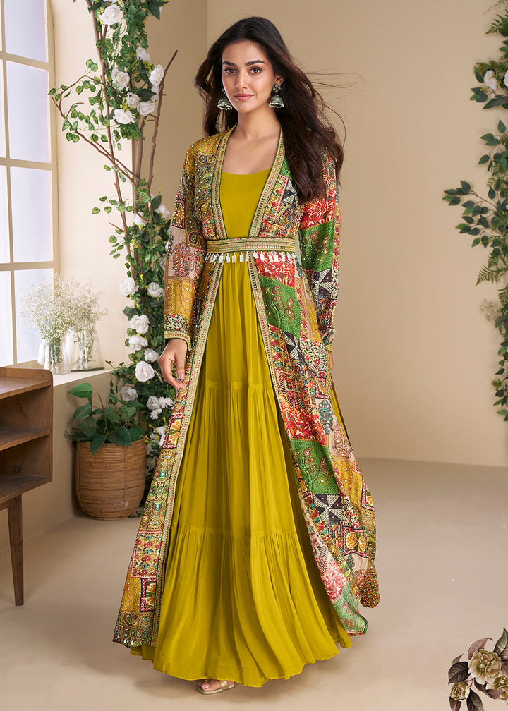 Buy Now Mustard Embroidered Georgette Shrug Style Anarkali Suit Online in USA, UK, Australia, Germany, Canada, Singapore, UAE & Worldwide at Empress Clothing.