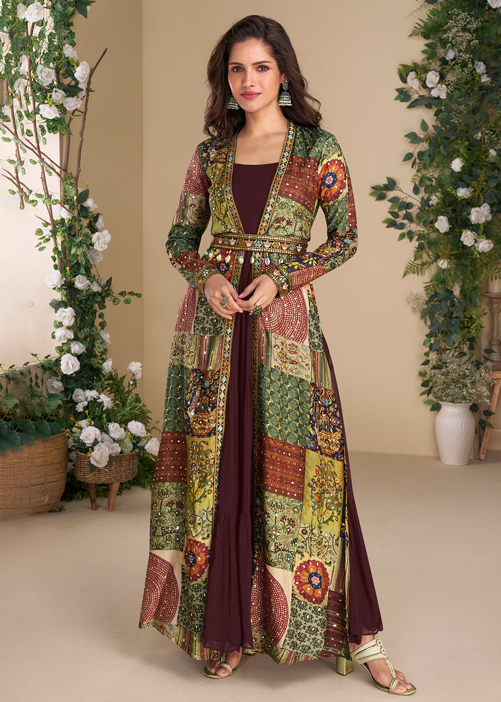 Buy Now Maroon Embroidered Georgette Shrug Style Anarkali Suit Online in USA, UK, Australia, Germany, Canada, Singapore, UAE & Worldwide at Empress Clothing.