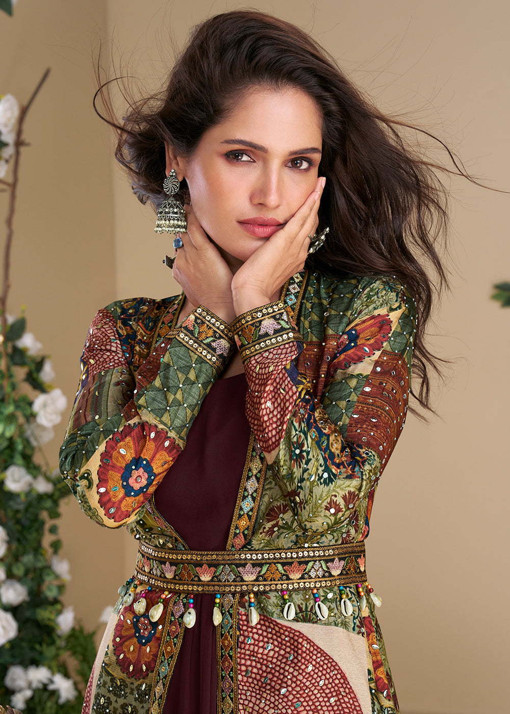 Maroon Embroidered Georgette Shrug Style Anarkali Suit