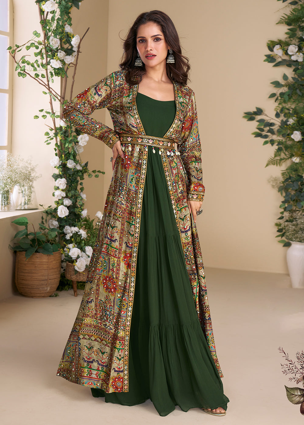 Buy Now Green Embroidered Georgette Shrug Style Anarkali Suit Online in USA, UK, Australia, Germany, Canada, Singapore, UAE & Worldwide at Empress Clothing.