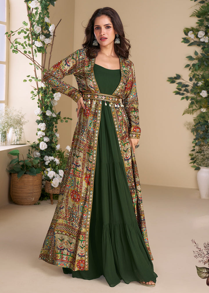 Buy Now Green Embroidered Georgette Shrug Style Anarkali Suit Online in USA, UK, Australia, Germany, Canada, Singapore, UAE & Worldwide at Empress Clothing.