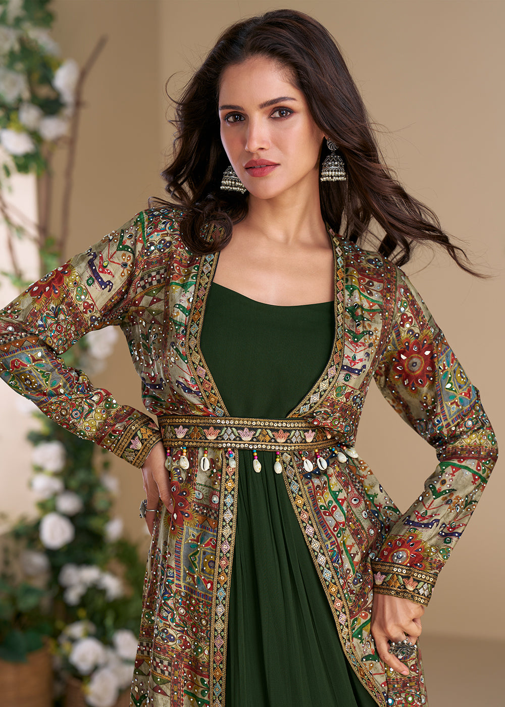 Buy Now Green Embroidered Georgette Shrug Style Anarkali Suit Online in USA, UK, Australia, Germany, Canada, Singapore, UAE & Worldwide at Empress Clothing.