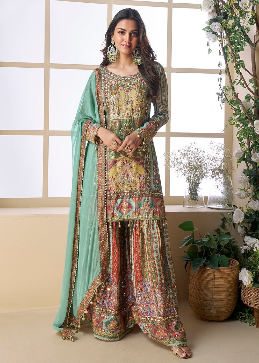 Buy Now Green Multicolor Aari Embroidered Traditional Palazzo Suit Suit Online in USA, UK, Canada, Germany, Italy, France, UAE & Worldwide at Empress Clothing.