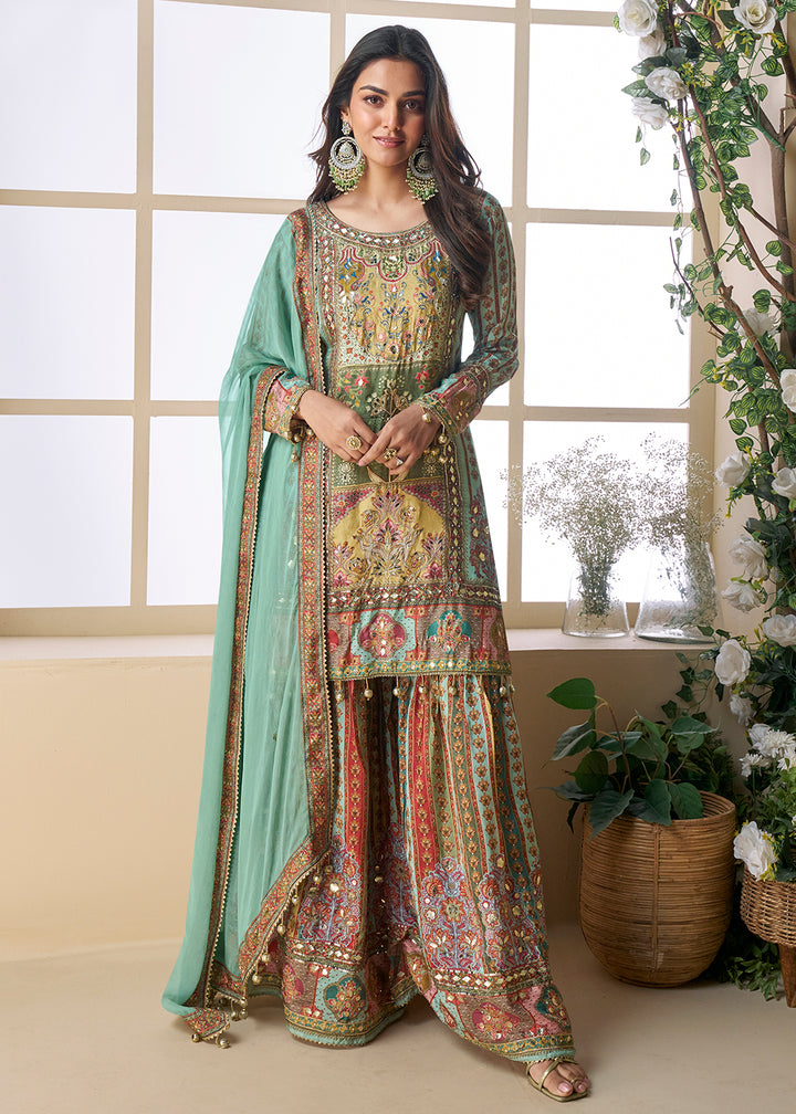 Buy Now Green Multicolor Aari Embroidered Traditional Palazzo Suit Suit Online in USA, UK, Canada, Germany, Italy, France, UAE & Worldwide at Empress Clothing.