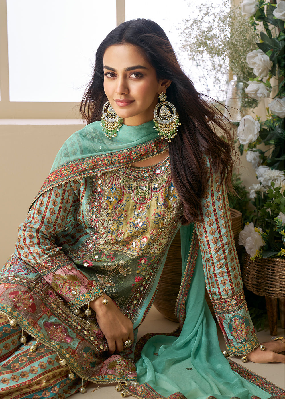 Buy Now Green Multicolor Aari Embroidered Traditional Palazzo Suit Suit Online in USA, UK, Canada, Germany, Italy, France, UAE & Worldwide at Empress Clothing.