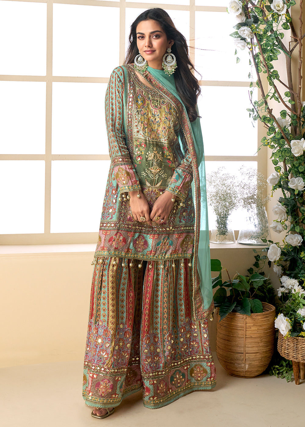 Buy Now Green Multicolor Aari Embroidered Traditional Palazzo Suit Suit Online in USA, UK, Canada, Germany, Italy, France, UAE & Worldwide at Empress Clothing.