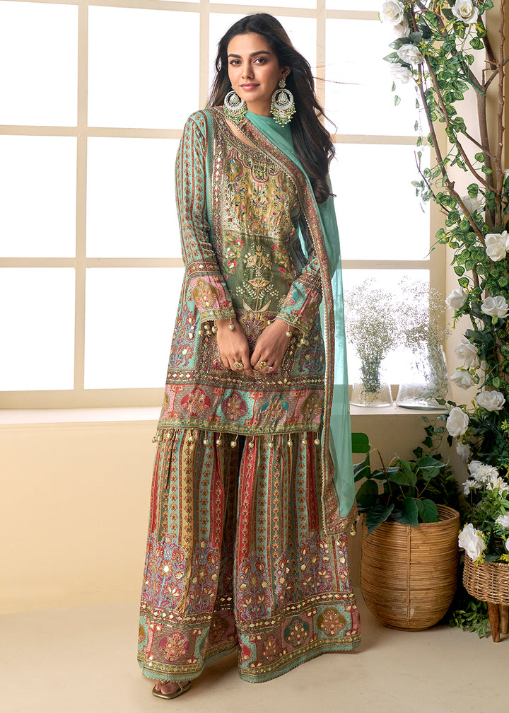 Buy Now Green Multicolor Aari Embroidered Traditional Palazzo Suit Suit Online in USA, UK, Canada, Germany, Italy, France, UAE & Worldwide at Empress Clothing.