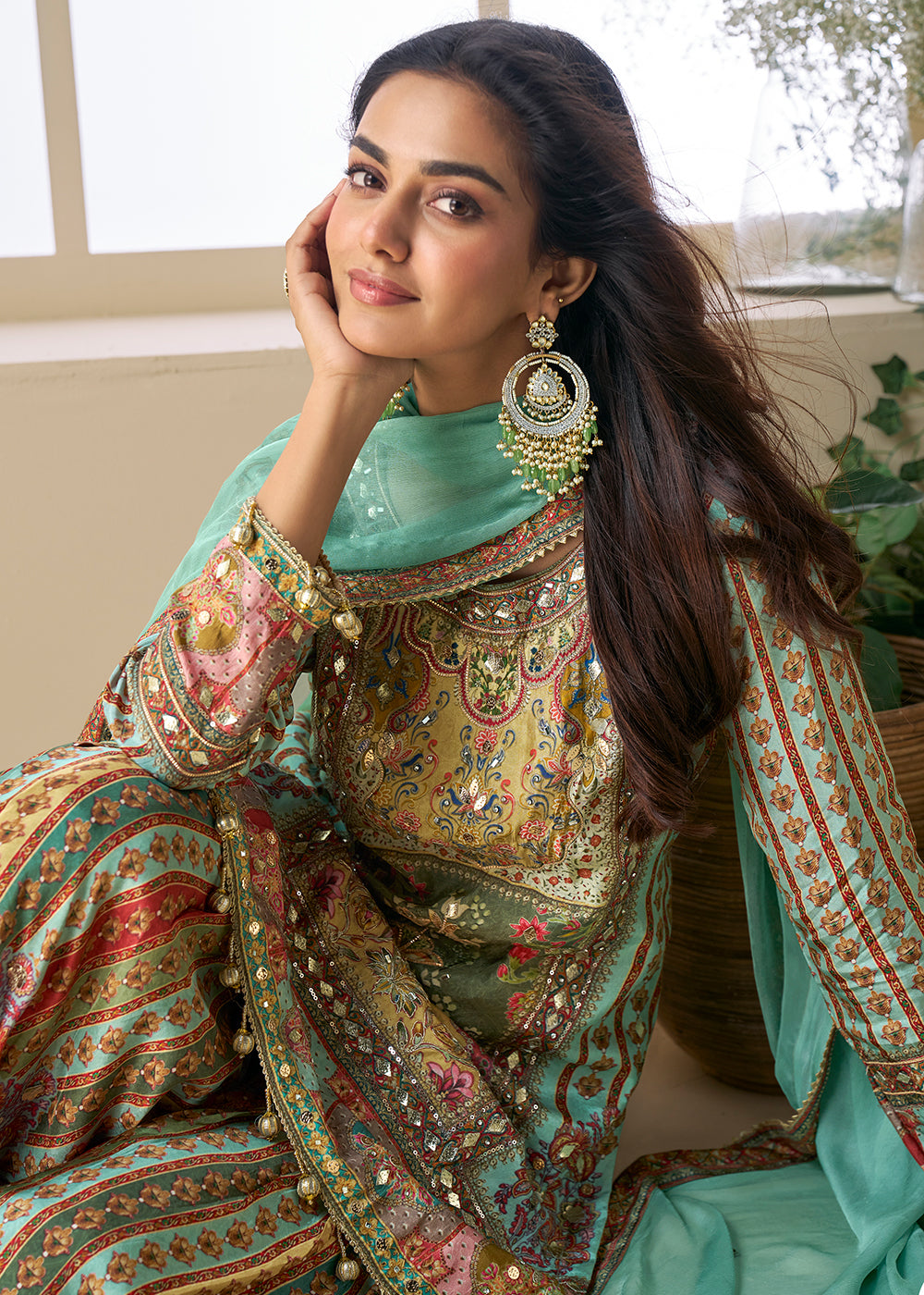 Buy Now Green Multicolor Aari Embroidered Traditional Palazzo Suit Suit Online in USA, UK, Canada, Germany, Italy, France, UAE & Worldwide at Empress Clothing.