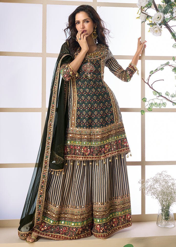 Buy Now Black Multicolor Aari Embroidered Traditional Palazzo Suit Suit Online in USA, UK, Canada, Germany, Italy, France, UAE & Worldwide at Empress Clothing.