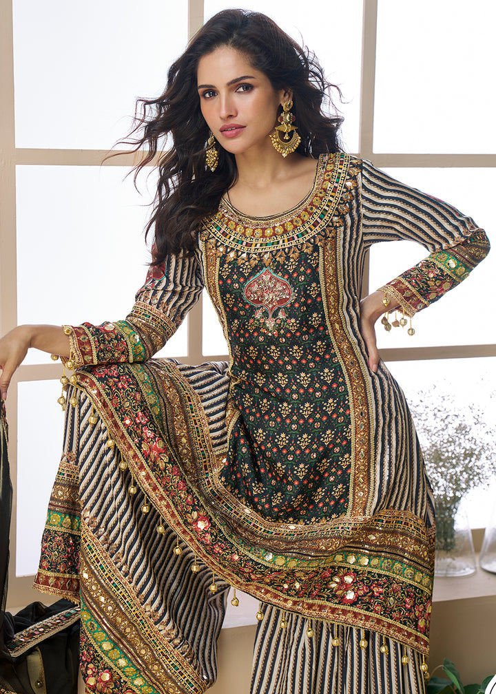 Buy Now Black Multicolor Aari Embroidered Traditional Palazzo Suit Suit Online in USA, UK, Canada, Germany, Italy, France, UAE & Worldwide at Empress Clothing.