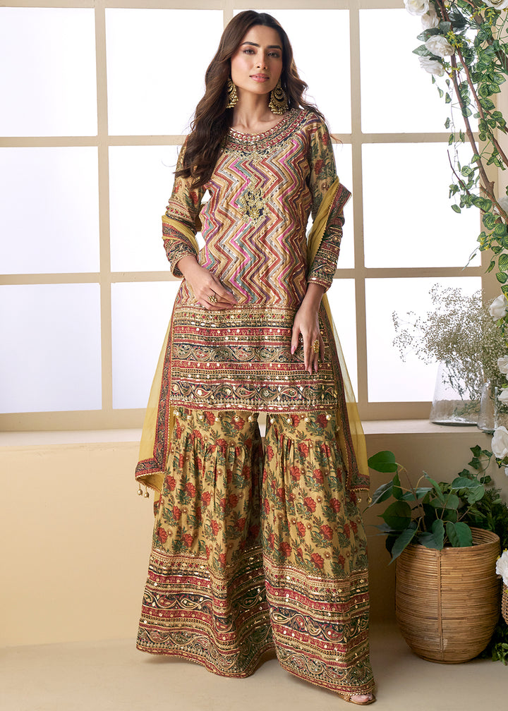 Buy Now Yellow Multicolor Aari Embroidered Traditional Palazzo Suit Suit Online in USA, UK, Canada, Germany, Italy, France, UAE & Worldwide at Empress Clothing.