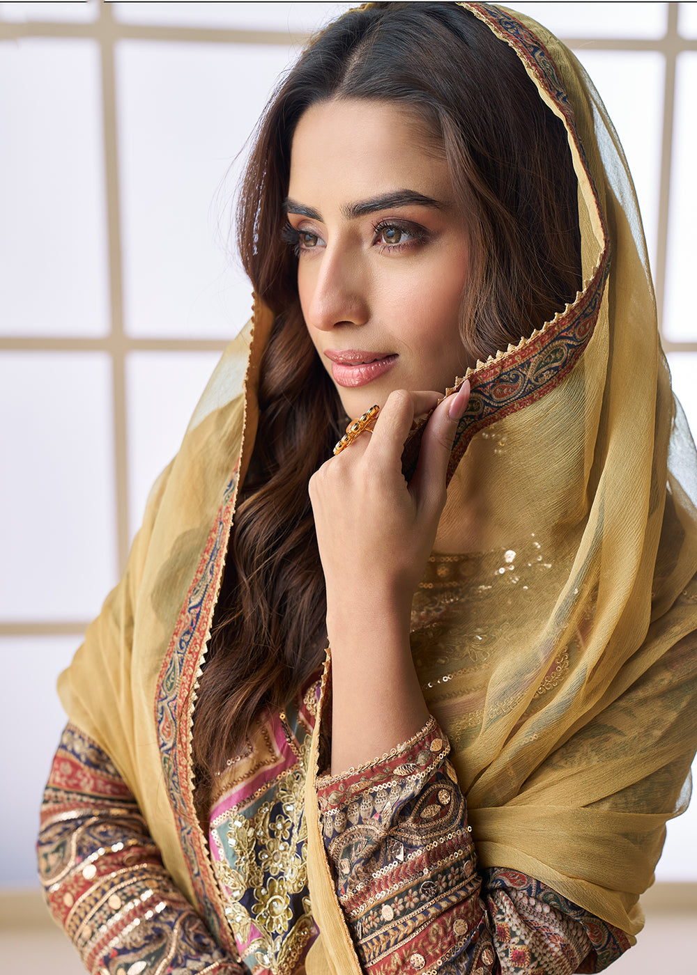 Buy Now Yellow Multicolor Aari Embroidered Traditional Palazzo Suit Suit Online in USA, UK, Canada, Germany, Italy, France, UAE & Worldwide at Empress Clothing.