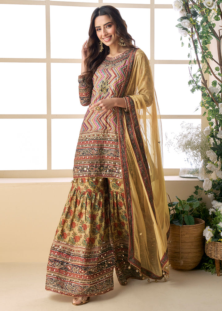 Buy Now Yellow Multicolor Aari Embroidered Traditional Palazzo Suit Suit Online in USA, UK, Canada, Germany, Italy, France, UAE & Worldwide at Empress Clothing.