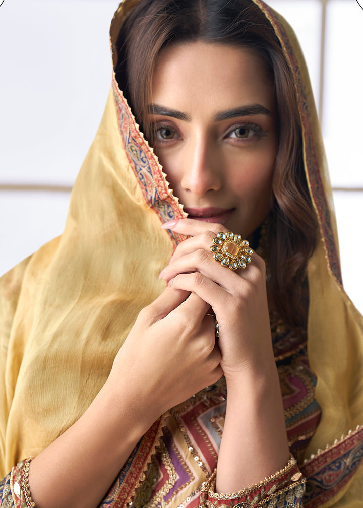 Buy Now Yellow Multicolor Aari Embroidered Traditional Palazzo Suit Suit Online in USA, UK, Canada, Germany, Italy, France, UAE & Worldwide at Empress Clothing.