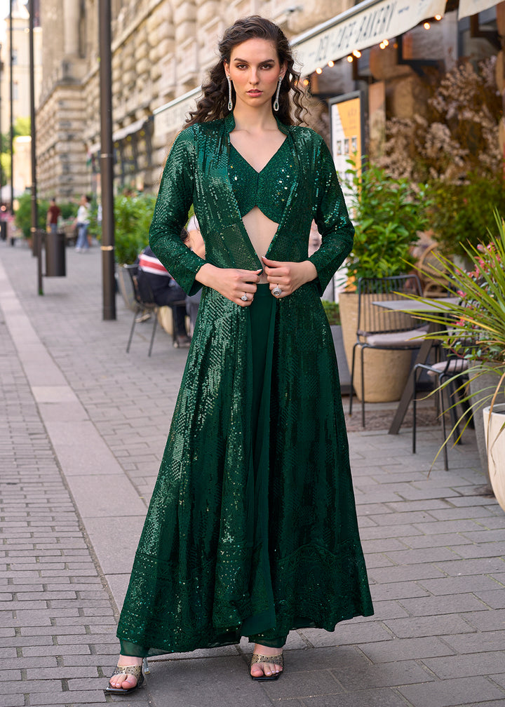 Buy Now Bottle Green Jacket & Crop Top Style Indo Western Suit Online in US, UK, Canada, Germany, Italy, France, Australia, Denmark & Worldwide at Empress.