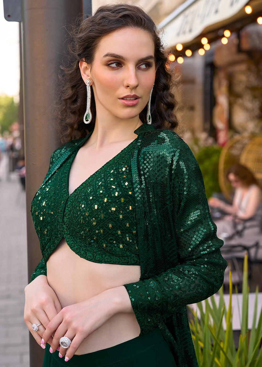 Buy Now Bottle Green Jacket & Crop Top Style Indo Western Suit Online in US, UK, Canada, Germany, Italy, France, Australia, Denmark & Worldwide at Empress.