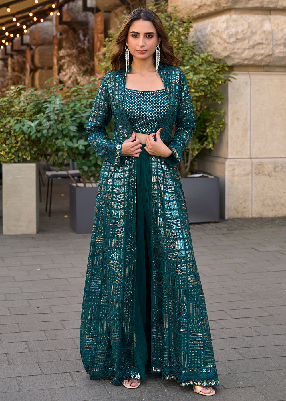 Buy Now Teal Green Jacket & Crop Top Style Indo Western Suit Online in US, UK, Canada, Germany, Italy, France, Australia, Denmark & Worldwide at Empress.