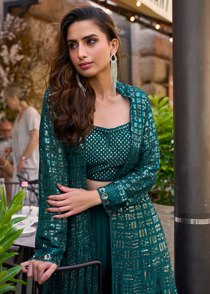 Buy Now Teal Green Jacket & Crop Top Style Indo Western Suit Online in US, UK, Canada, Germany, Italy, France, Australia, Denmark & Worldwide at Empress.