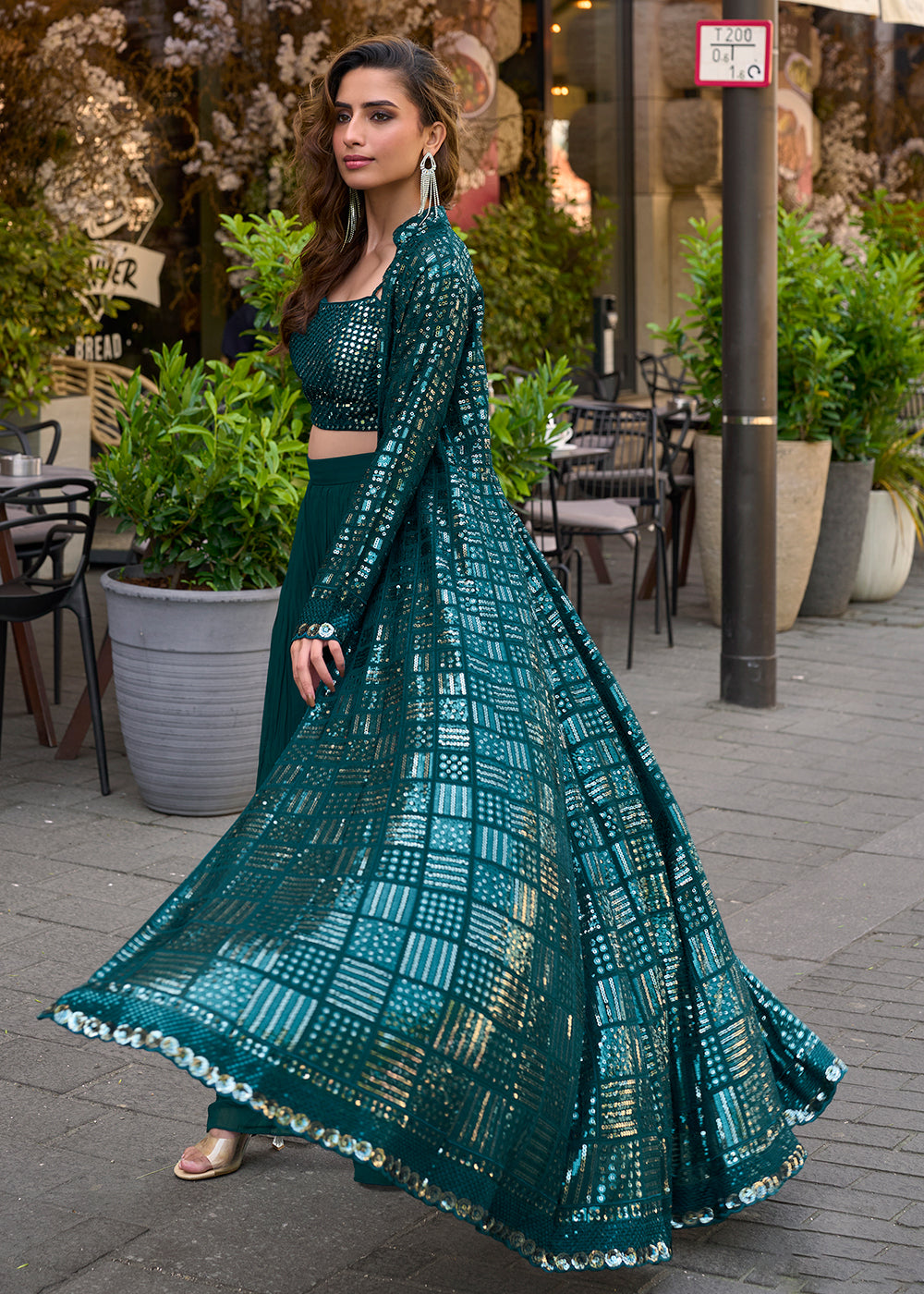 Buy Now Teal Green Jacket & Crop Top Style Indo Western Suit Online in US, UK, Canada, Germany, Italy, France, Australia, Denmark & Worldwide at Empress.