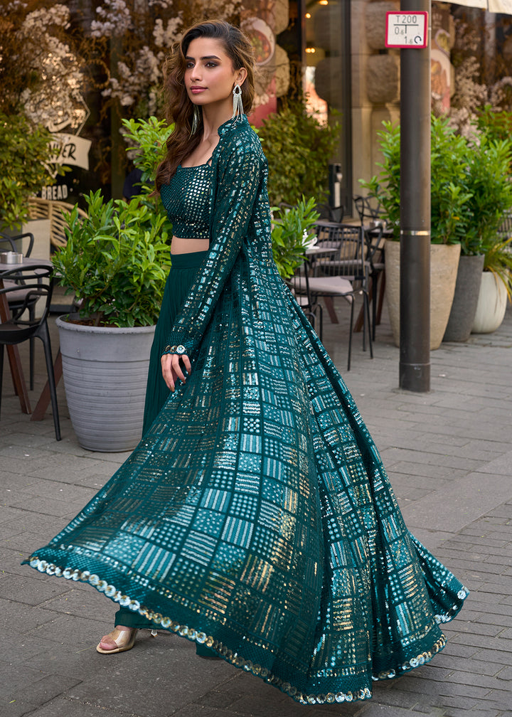 Buy Now Teal Green Jacket & Crop Top Style Indo Western Suit Online in US, UK, Canada, Germany, Italy, France, Australia, Denmark & Worldwide at Empress.