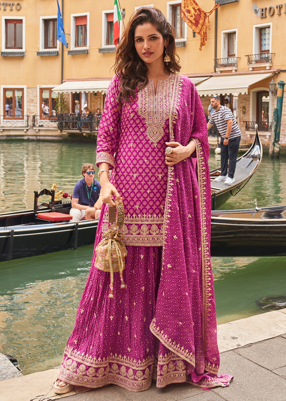 Buy Now Magenta Pink Zari Threads Palazzo Style Suit Online in US, UK, Canada, Germany, Italy, France, Austria, Australia, UAE, Denmark & Worldwide at Empress.