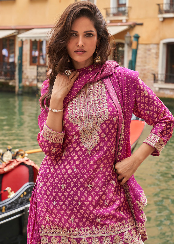 Buy Now Magenta Pink Zari Threads Palazzo Style Suit Online in US, UK, Canada, Germany, Italy, France, Austria, Australia, UAE, Denmark & Worldwide at Empress.