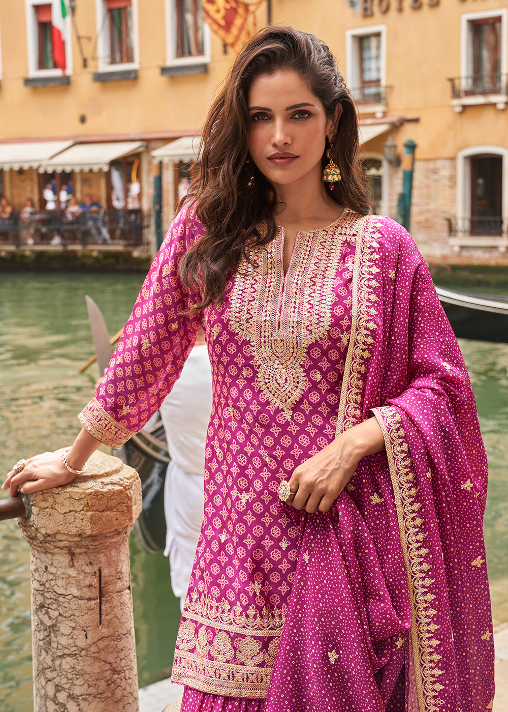 Buy Now Magenta Pink Zari Threads Palazzo Style Suit Online in US, UK, Canada, Germany, Italy, France, Austria, Australia, UAE, Denmark & Worldwide at Empress.