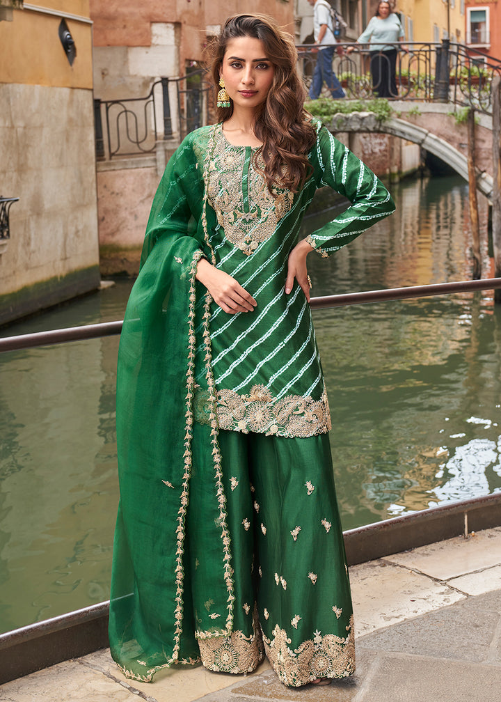 Buy Now Emerald Green Zari Threads Palazzo Style Suit Online in US, UK, Canada, Germany, Italy, France, Austria, Australia, UAE, Denmark & Worldwide at Empress.