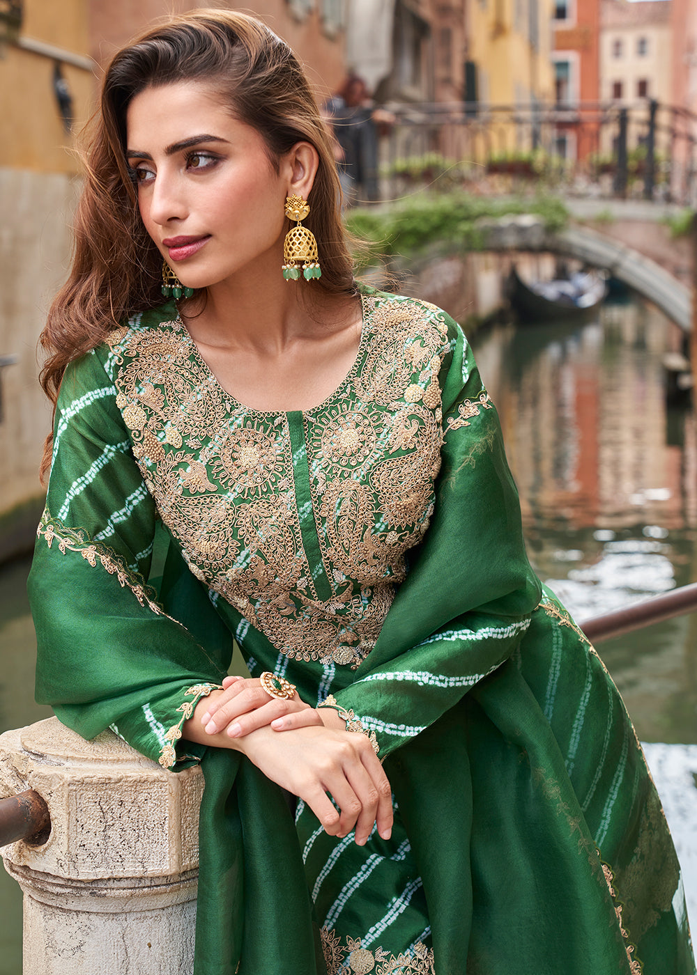 Buy Now Emerald Green Zari Threads Palazzo Style Suit Online in US, UK, Canada, Germany, Italy, France, Austria, Australia, UAE, Denmark & Worldwide at Empress.