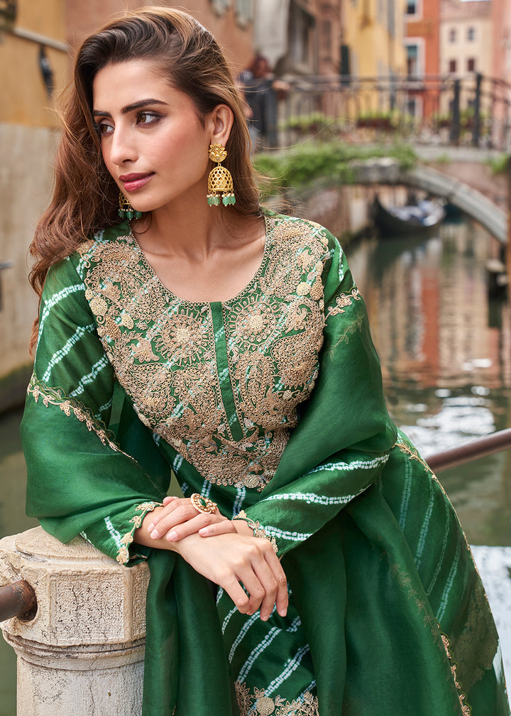 Buy Now Emerald Green Zari Threads Palazzo Style Suit Online in US, UK, Canada, Germany, Italy, France, Austria, Australia, UAE, Denmark & Worldwide at Empress.
