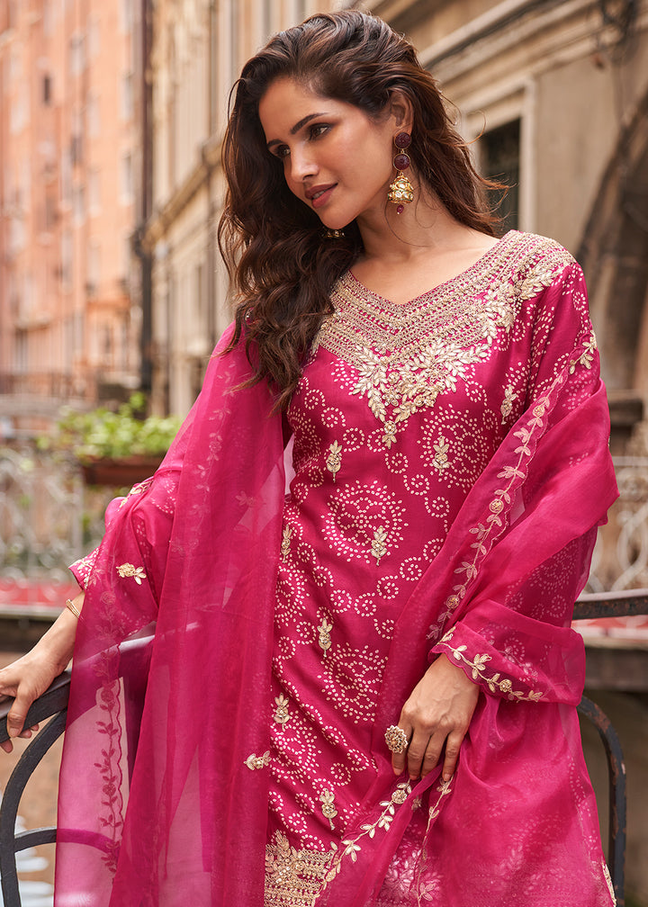 Buy Now Rani Pink Zari Threads Palazzo Style Suit Online in US, UK, Canada, Germany, Italy, France, Austria, Australia, UAE, Denmark & Worldwide at Empress.
