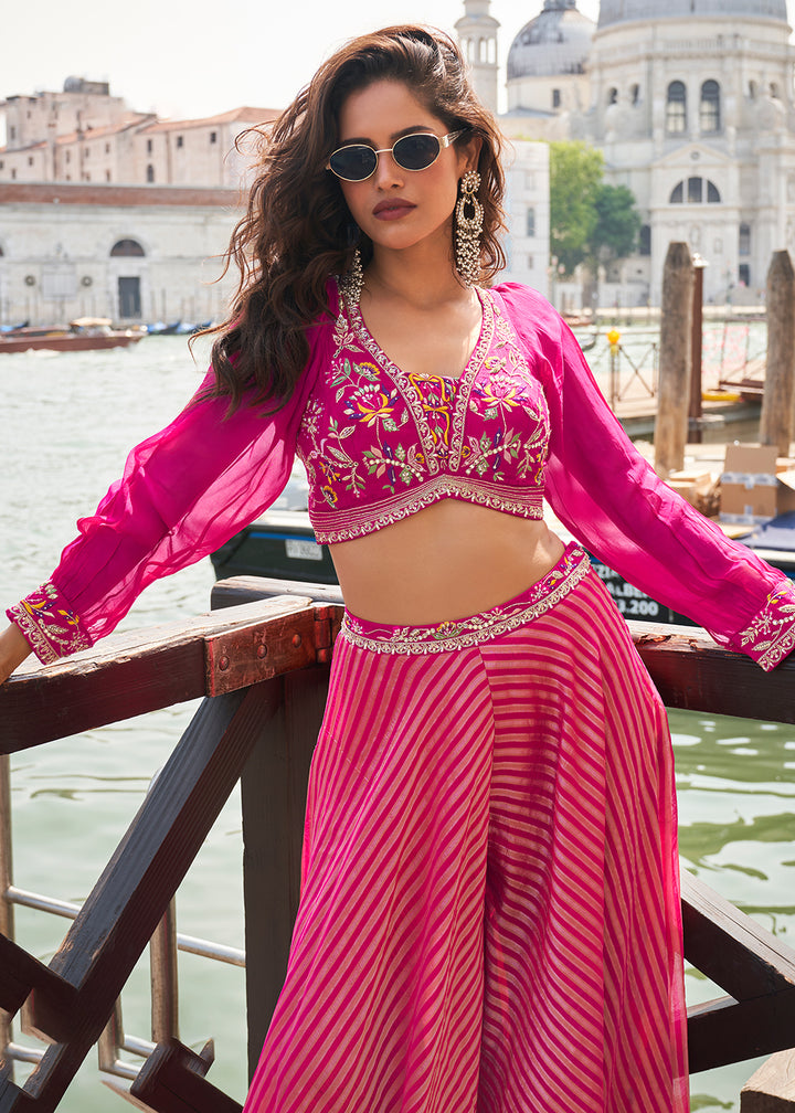 Shop Now Party Pink Crop Top Style Indo Western Sharara Suit Online at Empress Clothing in USA, UK, Canada, Italy, France, Australia, Netherlands & Worldwide.