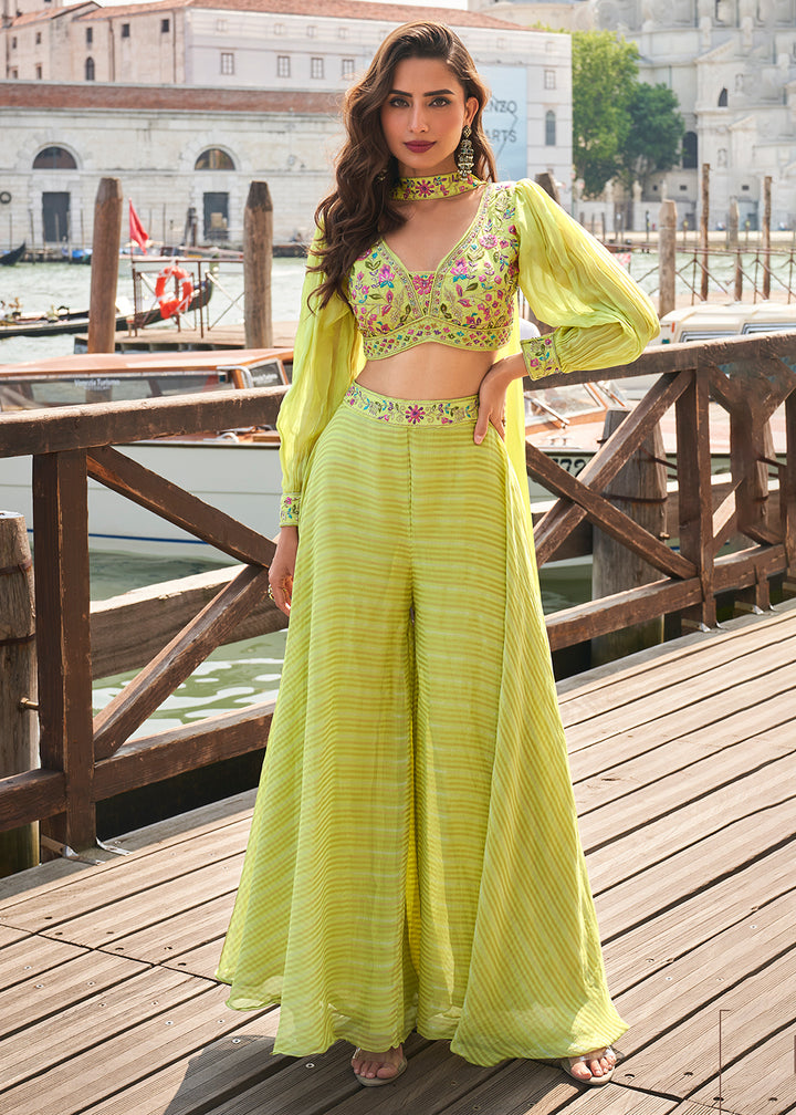 Shop Now Party Green Crop Top Style Indo Western Sharara Suit Online at Empress Clothing in USA, UK, Canada, Italy, France, Australia, Netherlands & Worldwide.