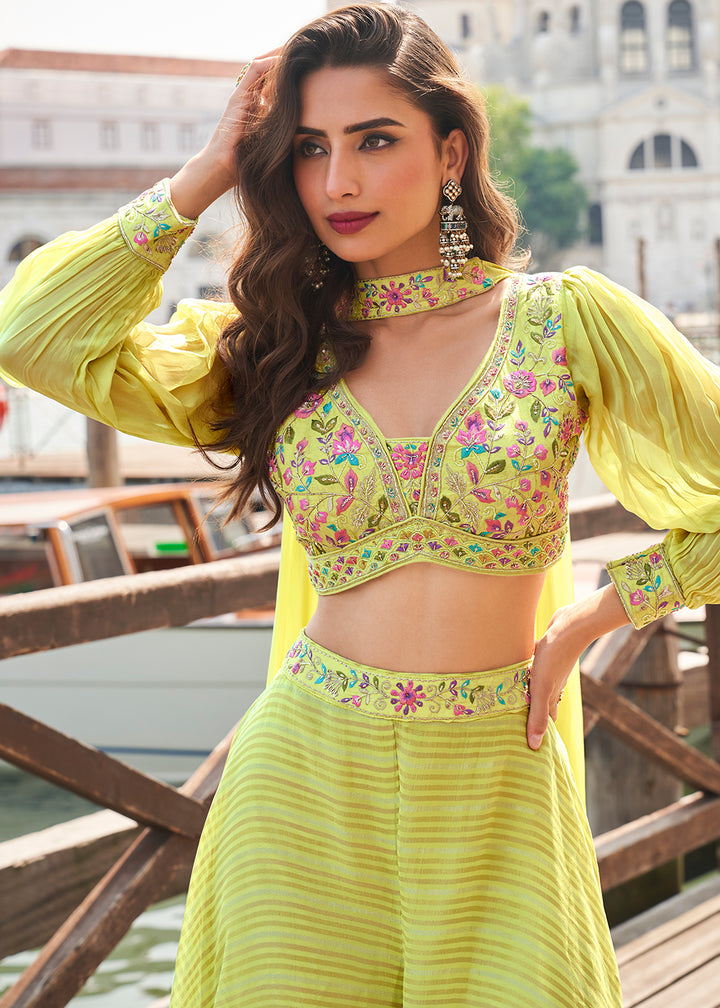 Shop Now Party Green Crop Top Style Indo Western Sharara Suit Online at Empress Clothing in USA, UK, Canada, Italy, France, Australia, Netherlands & Worldwide.