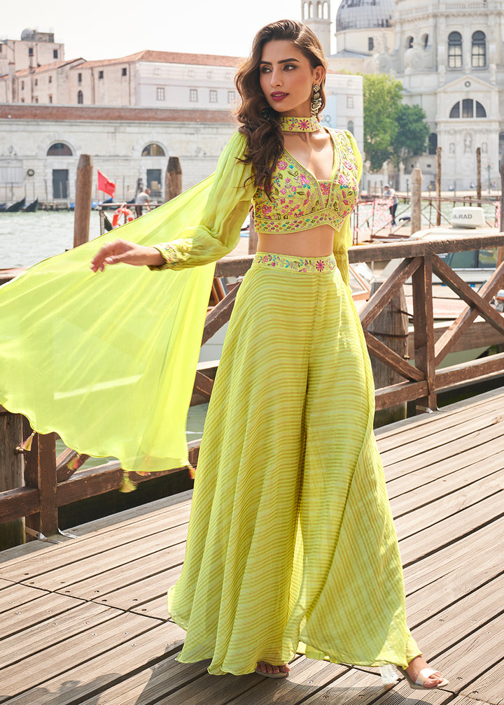 Shop Now Party Green Crop Top Style Indo Western Sharara Suit Online at Empress Clothing in USA, UK, Canada, Italy, France, Australia, Netherlands & Worldwide.