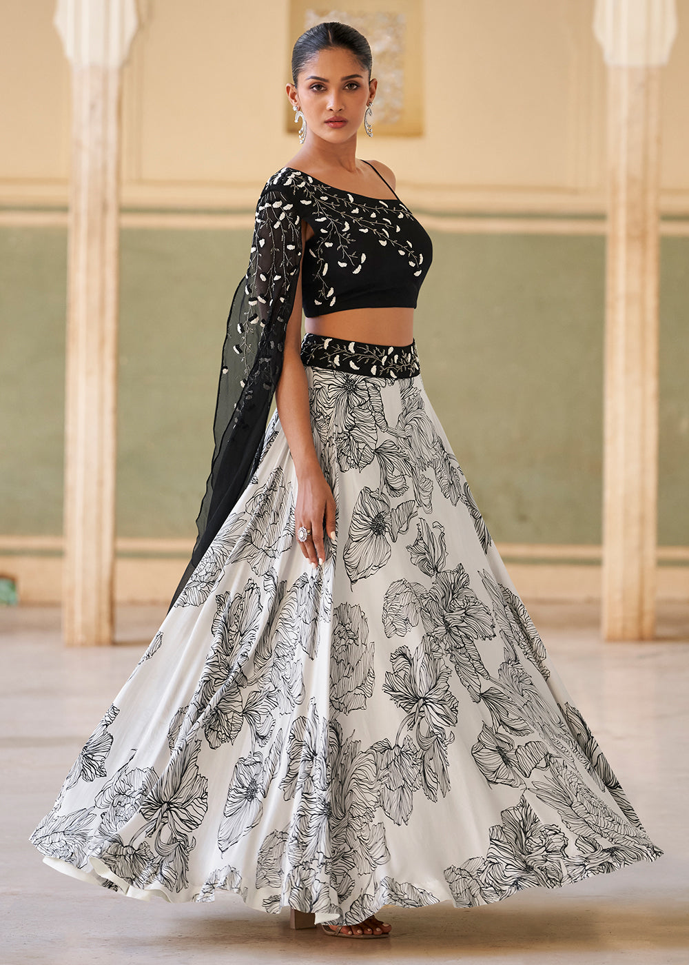 Buy Now Trendy Stylist Black & White Indo Western Lehenga Choli Online in US, UK, Canada, France, Germany, Sweden, Greece, UAE, Denmark & Worldwide at Empress.