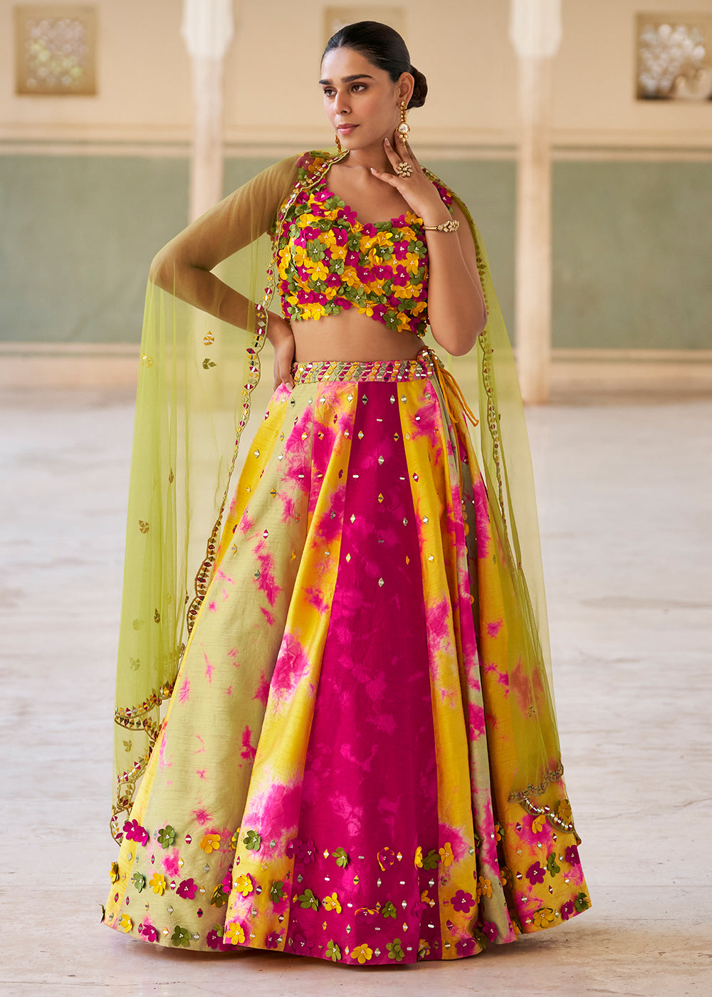 Buy Now Trendy Stylist Multicolor Haldi Style Lehenga Choli Online in US, UK, Canada, France, Germany, Sweden, Greece, UAE, Denmark & Worldwide at Empress.