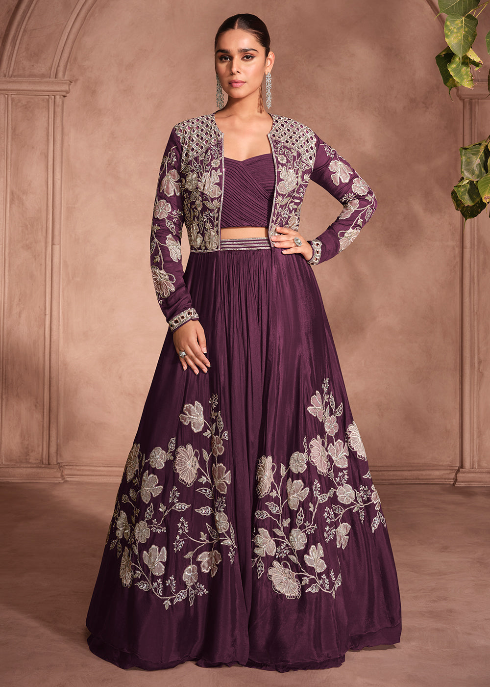 Buy Now Wine Shrug Style Designer Lehenga Choli Online in US, UK, Canada, France, Italy, Germany, Austria, Singapore, Denmark, UAE & Worldwide at Empress.