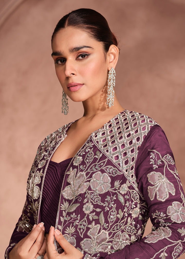 Buy Now Wine Shrug Style Designer Lehenga Choli Online in US, UK, Canada, France, Italy, Germany, Austria, Singapore, Denmark, UAE & Worldwide at Empress.