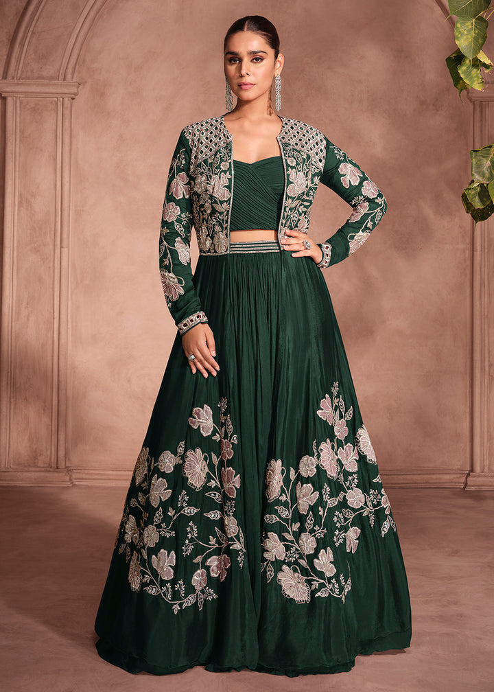 Buy Now Green Shrug Style Designer Lehenga Choli Online in US, UK, Canada, France, Italy, Germany, Austria, Singapore, Denmark, UAE & Worldwide at Empress.