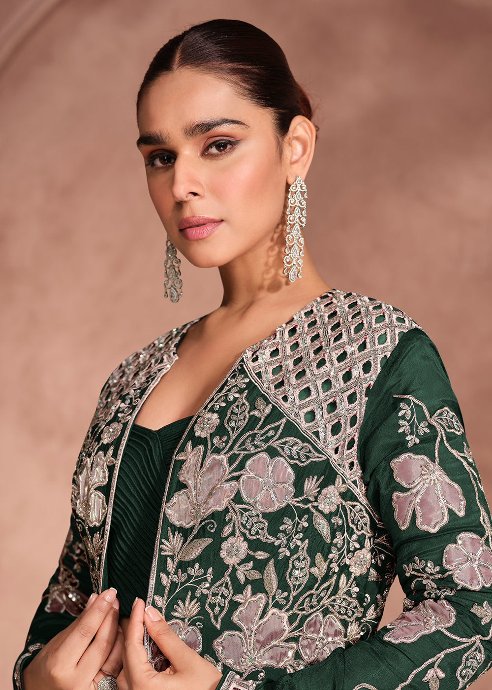Buy Now Green Shrug Style Designer Lehenga Choli Online in US, UK, Canada, France, Italy, Germany, Austria, Singapore, Denmark, UAE & Worldwide at Empress.