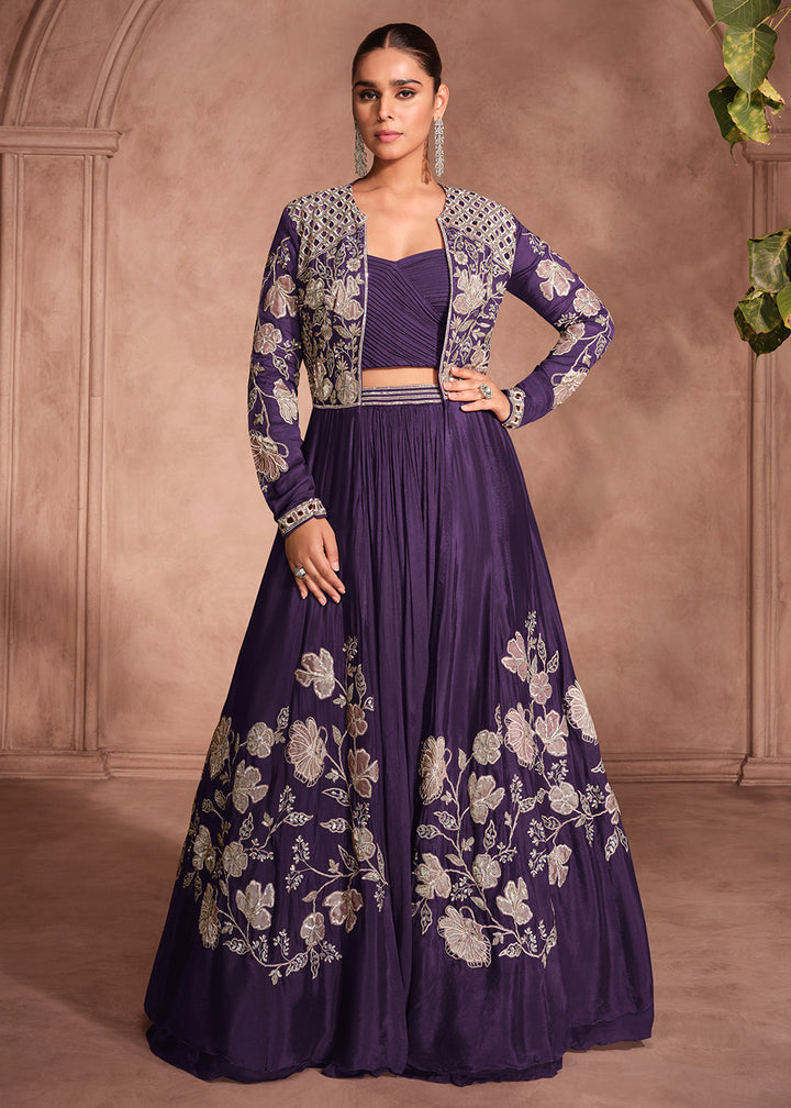 Buy Now Violet Shrug Style Designer Lehenga Choli Online in US, UK, Canada, France, Italy, Germany, Austria, Singapore, Denmark, UAE & Worldwide at Empress.