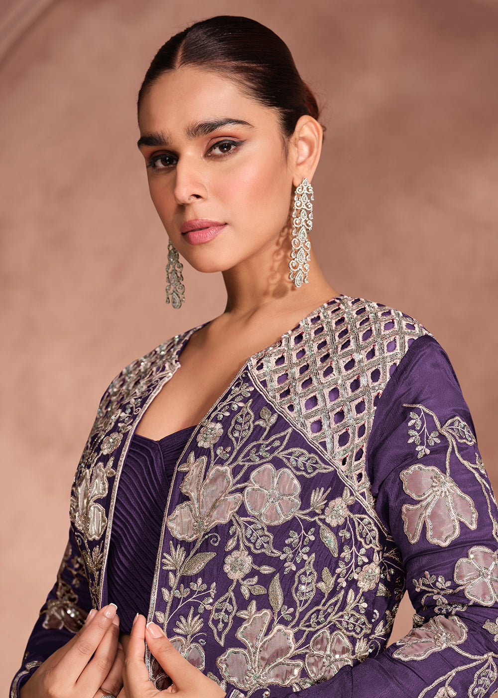 Buy Now Violet Shrug Style Designer Lehenga Choli Online in US, UK, Canada, France, Italy, Germany, Austria, Singapore, Denmark, UAE & Worldwide at Empress.