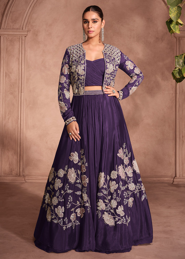 Buy Designer Lehenga Choli Italy Violet Shrug Stylel Lehenga