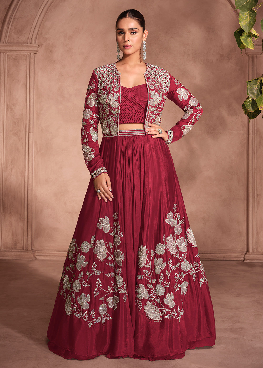 Buy Now Red Shrug Style Designer Lehenga Choli Online in US, UK, Canada, France, Italy, Germany, Austria, Singapore, Denmark, UAE & Worldwide at Empress.